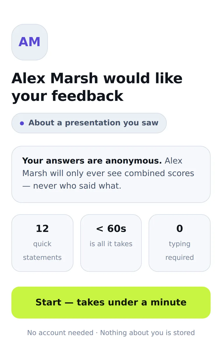 What the person you ask sees: an anonymity promise, twelve quick statements and a start button